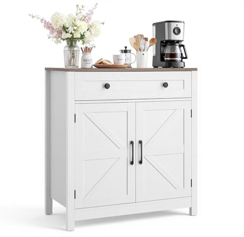 VEVOR Buffet Cabinet, Farmhouse Sideboard Cabinet with Drawer, 30 Coffee Bar Cabinet with Adjustable Shelves & 2 Barn Door, Sideboard Buffet Station for Living Room, Entryway, Kitchen, White