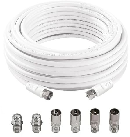 AmiCera SAT Antennenkabel 10m, F Stecker auf F Stecker Hochgeschwindigkeits RG6 Koaxialkabel mit 6 Stücke Verlängerungskupplungen, 75 Ohm RG6 Kabel für Kabelbox TV Digital Router Satellitenkabel Weiß