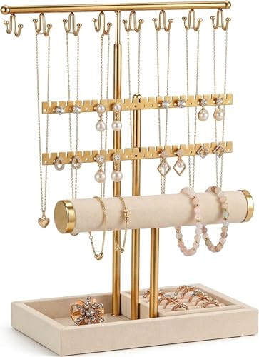YAWAHOME Jewellery Organiser Stand, 4-Tier Gold Jewellery Display with Necklace Hooks, Bracelet Bar, Earring Holder & Ring Tray, Tangle-Free Storage for Dressing Table Bedroom