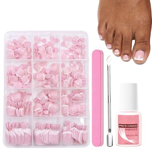 240Pcs French Tip False Toenails, Short Square Pink Fake Toenails | Stick On Toenails with Glue, Glossy Full Cover Fake Toe Nails for Women Nail Art DIY