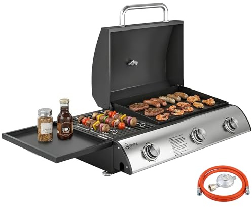 Outsunny Barbecue a gas BBQ a gas con 3 bruciatori 7,5 kW, barbecue da tavolo portatile con griglia, ferro da stiro, ripiano laterale convertibile, termometro, coperchio, scatola di gocciolamento