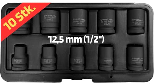 SW-Stahl 07950L Impact-Einsätze 1/2 Zoll, 10-teilig Schlagschrauber-Set | Kurze Steckschlüsseleinsätze 10-24 mm aus Chrom-Molybdänstahl, brüniert, Sechskant-Profil für Schlagschrauber