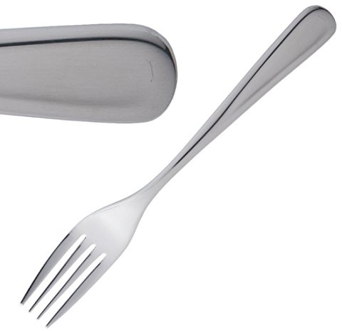 Olympia Roma Table Fork 18/0 Stainless Steel 203mm, Pack of 12 | High-polish finish and smooth, curved handles provide an elegant table presentation for busy catering environments.