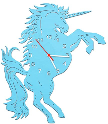 GRAVURZEILE Wanduhr aus Holz für Kinder - Einhorn Design - Farbenfrohe Kinderwanduhr mit Lautlosem Uhrwerk - für Mädchen & Jungen in versch. Farben - ca. 30 cm - Farbe Baby Blau
