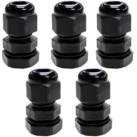 5pk Black M12 12mm TRS Stuffing Compression Glands for 3-6.5mm Cable, Waterproof IP68 with Locknut and Washer