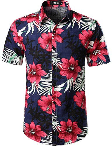 JOGAL Herren Casual Floral Blumenmuster Kurzarm Hawaiihemd Medium Navy