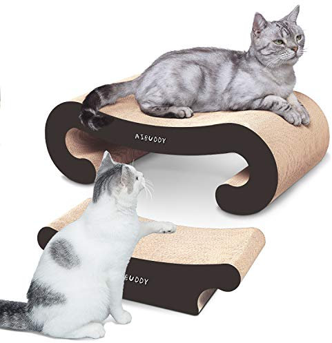 Aibuddy Rascador para gatos, 2 en 1, almohadilla rascadora para gatos con hierba gatera, cartón duradero y construcción (55 x 22 x 19 cm; 44 x 22 x 13,5 cm)