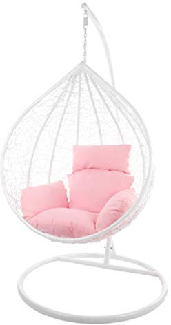 KIDEO Komplettset: großer Hängesessel mit Gestell & Kissen, Korbsessel, Poly-Rattan (Korb & Gestell: weiß, Kissen: rosa Nest (3002_Lemonade))