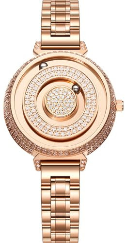 EUTOUR Damenuhr Magnet Uhr kein Glas Kugellager Uhren Quarz Luxus Eleganz Diamant Armbanduhr mit Edelstahl Armband Gold 36 mm