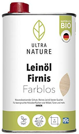 ULTRA NATURE Lein?l Firnis 0,5L, Farblos, Vegan, Bio, L?semittelfrei, Holzschutz, Holzlasur