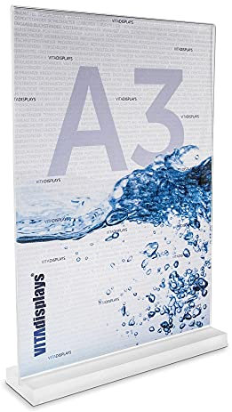 VITAdisplays 2 Stück DIN A3 Werbeaufsteller mit massiver, satinierter PLEXIGLAS Basis, T-Ständer, T-Aufsteller als Tischaufsteller