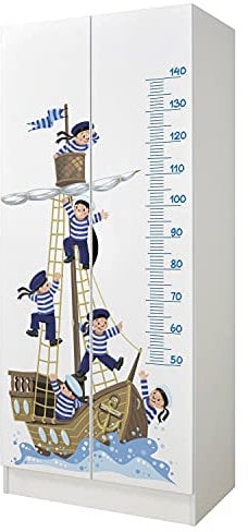 Leomark Weiß zweitüriger Kleiderschrank für Kinder - Roma - funktionaler Schwebetürenschrank, Dim: 70 x 42,5 x 161,5 (H) cm, Kommode, Schrank, Möbel für Kinder, UV-Druck: Matrosen