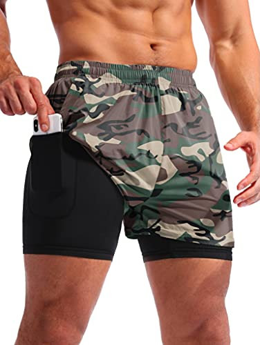 Pudolla Herren 2-in-1 Laufshorts 12,7 cm schnell trocknende Gym Athletic Workout Shorts für Herren mit Handytaschen, Grün, Camouflage, Klein