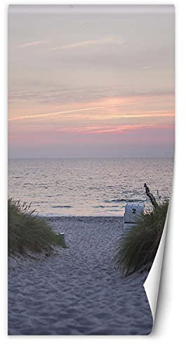 Feeby Fototapete Türtapete Strand Bei Sonnenuntergang 100x200 cm Orange Vliestapete Moderne Design Küche Flur Wohnzimmer Büro Badezimmer Kinderzimmer Meer Gras Sand