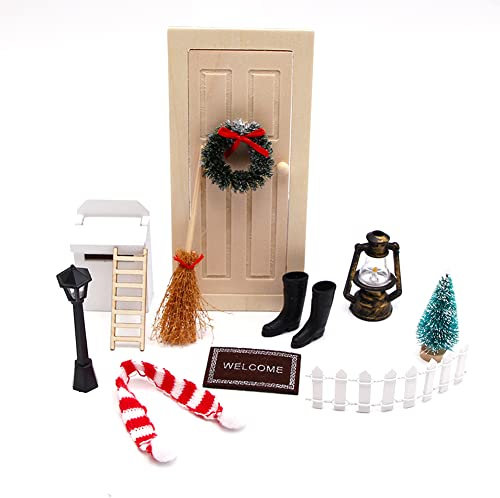 Set di Gnomo per Porta di Natale, Porta Elfo Natale Kit, Accessori fai da te in Miniatura, Albero di Natale, Ghirlanda Decorativa in Legno, Scopa, per Casa Feste Natalizie Decorazione (12 PC)