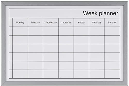 KAV Dry Wipe Weekly Planning Board with Pen - Aliminuim Frame Whiteboard for Wall Magnetic Surface Memo Boards, Kitchen Meal Planner, Calendar 400x600 MM(Silver)