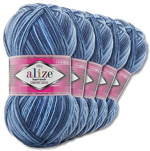 Wohnkult Alize 5x100g Superwash Comfort Sockenwolle 33 Farben zur Auswahl EIN-/Mehrfarbig (7677)