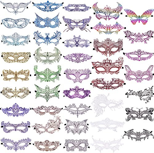 SIQUK 42 Stück Venezianische Masken Spitze Augenmaske Schwarz Spitzenmaske Venezianisch für Party Abend Ball Abschlussball Ballette, 14 Farben