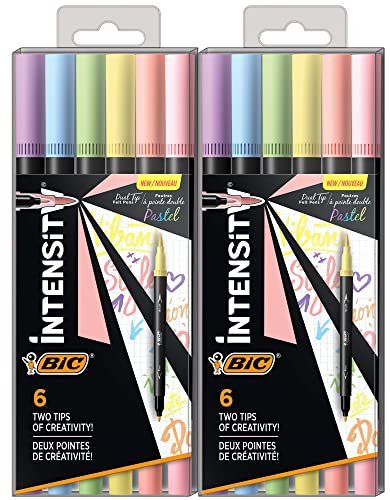 BIC Intensity Filzstifte mit doppelter Spitze mit 0,7 mm feiner Spitze und flexiblem Pinsel in Pastelltönen, 12 Stück