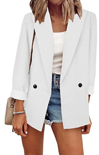 OMZIN Lässiger Damen Büro Blazer mit Taschen drapierte Strickjacken mit offener Vorderseite Arbeitsanzug Weiß XXL