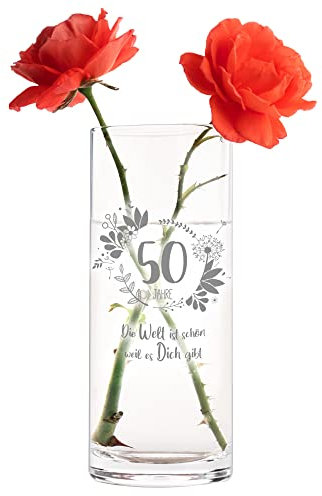 Casa Vivente Vase zum 50. Geburtstag mit süßer Gravur, Runde Glasvase mit Alter und Spruch als Geburtstagsgeschenk für Frauen, Blumenvase für Moderne Deko