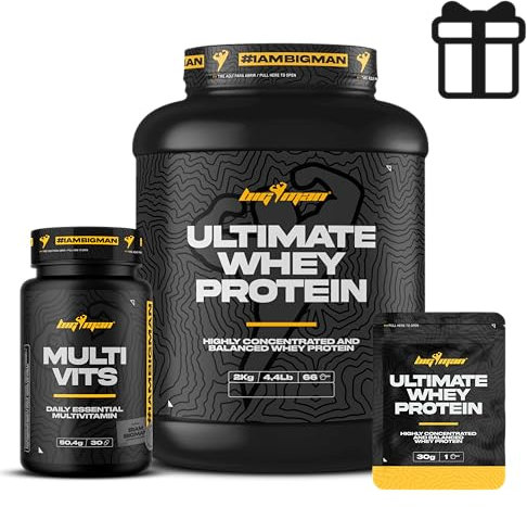 Pack BigMan Ultimate Whey Protein 2 kg + MULTI VITS Perlas 30 caps + MUESTRAS | Aumenta el crecimiento muscular | Entrenamientos intensos | Máxima asimilación (2 KILOS, Fresa Platano)