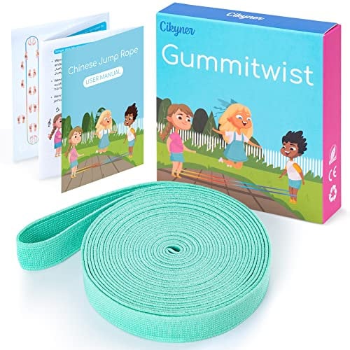 Cikyner Gummitwist Kinder Set,Hüpfgummi 4m lang 1.5cm weit Gummi Twist mit Anleitung Polyester-Latex Regenbogen Band für Kinder Hüpfspiele drinnen und draußen, Mädchen & Jungs (Hellgrün)