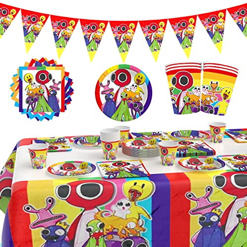 Rainbow Friends Set Festa di Compleanno 71pcs, Rainbow Friends Thème Feste Stoviglie, Rainbow Friends Tavola da Festa Deco, Compleanno Deco Party Supplies Set, Accessori per Feste per Bambini