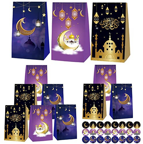 Mecctuck Eid Mubarak Geschenktüten, 12 Stück mit 24 Aufklebern, Stern, Mond, Schloss Muster, Eid Mubarak Party, 1 stück (12er Pack), Papiertüten, Geschenktüte
