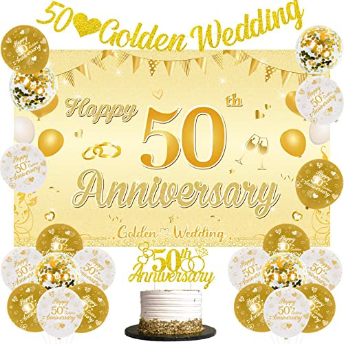 Sursurprise 50th Wedding Anniversary Decorations - Golden Backdrop Banner, Cake Topper, White Gold Balloons, 50 Year Party Supplies