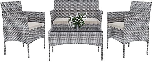 Arreditaly Set Di Mobili da Giardino Salotto Salottino in Rattan 4 Posti con Tavolino E Ripiano In Vetro 2 Poltrone e Divano 2 Posti Per Giardino Esterno Piscina Cuscini Sfoderabili (Grigio)