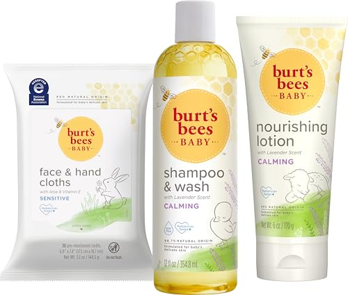 Burt’s Bees Baby Gift Set for Baby Showers, Includes Baby Shampoo and Wash, Baby Body Lotion, Baby Wipes and Cloths, naturally-derived Origin Skincare, 1-Pack