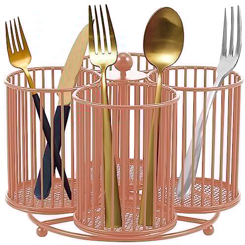 Eummy Metal Utensil Caddy 360 Degree Rotating Cutlery Holder 4 Compartment Flatware Storage Basket Multipurpose Countertop Silverware Organizer for Kitchen Picnic Camping Outdoor(Rose Gold)
