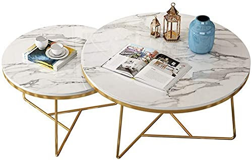 Couchtisch, Satztische, moderne Metall-Couchtische für Bar, Restaurant, Wohnzimmer, runder Sofa-/Teetisch aus Marmor [Weiß + Gold, 2er-Set], 60 cm + 40 cm Beistelltisch, Heimdekoration/60 cm + 40 cm,