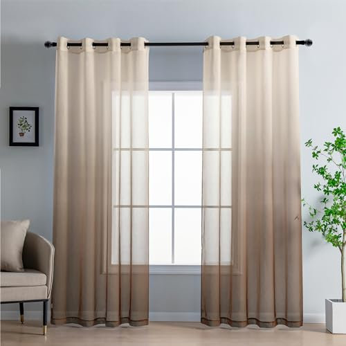 DWCN Voile Curtain Brown Gradient Curtains for Living Room Net Curtains for Windows Sheer Bedroom Crurtains Eyelet Set of 2, 55 x 84 Inches