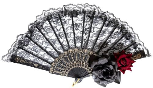 Tainrunse Éventail de style gothique pliable en dentelle florale avec rose rouge noire vintage européen cosplay thé fête portable été tenue à la main accessoire photo femme noir