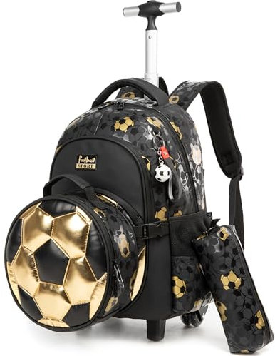 HTgroce Schulranzen mit Rollen, Rucksack mit Trolley für Kinder, für Schule, Reisen, schwarzer Fußball Rucksack