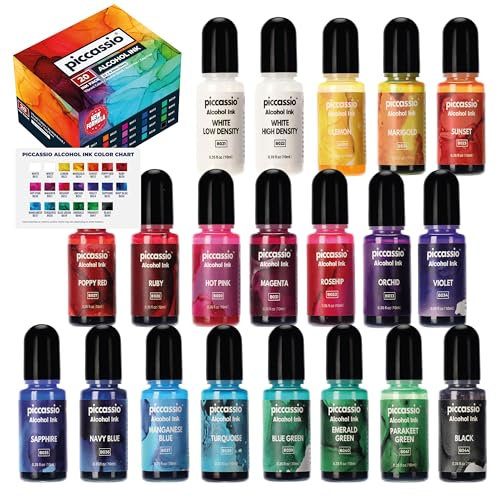 Alcohol Ink Set - 20 Vibrant Alcohol Inks - Acid-Free, Fast-Drying and Permanent Inks-Versatile Alcohol Ink for Epoxy Resin, Fluid Art Painting, Tumblers, Ceramic, Glass, Metal and More - 20x10ml