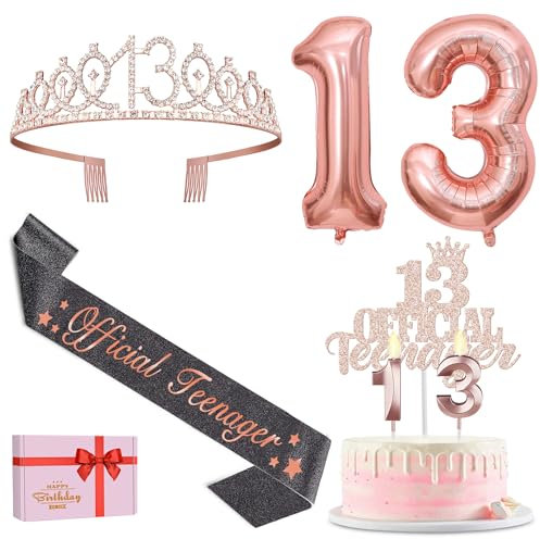 13. Geburtstag Mädchen Deko, 13. Geburtstag Krone, Official Teenager 13 Schärpe, Happy Birthday Tortendeko Kerzen, Luftballons Rosegold, 13 Jahre Mädchen Geschenk