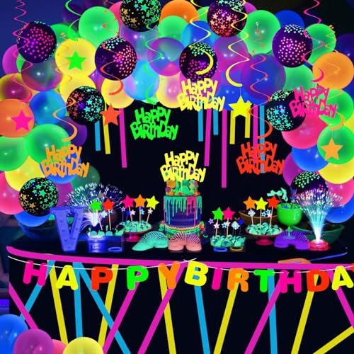 97 Stück Schwarzlicht Deko Neon Party Deko Geburtstag Luftballon Arch Kit mit Leuchtende Hängende Girlande Happy Birthday Banner Cake Topper Fluoreszierendes Klebeband Neon Geburtstagsdeko