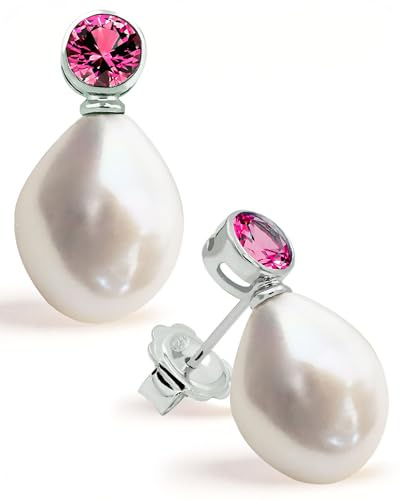 Pendientes de Mujer de Perlas Cultivadas de Agua Dulce Barrocas de 12 a 13 mm con Circonita Grande SECRET & YOU. Diseño Tú y Yo - Pendientes de Plata de Ley Rodiada de 925 con tuerca grande