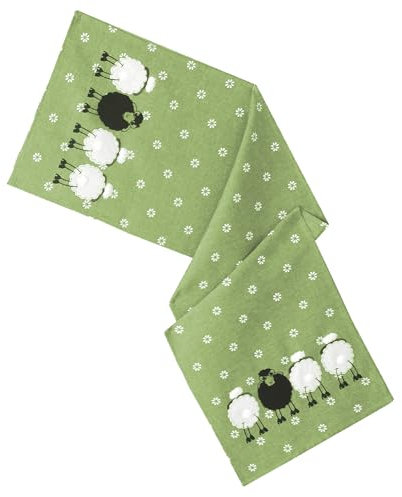 Tischdecke Schwarzes Schaf Ostern Deko Tischwäsche mit Applikation Leinen-Optik Bestickt Osterdeko Gedeckter Tisch Tischdeko Typ885 Tischläufer 40x140 cm grün