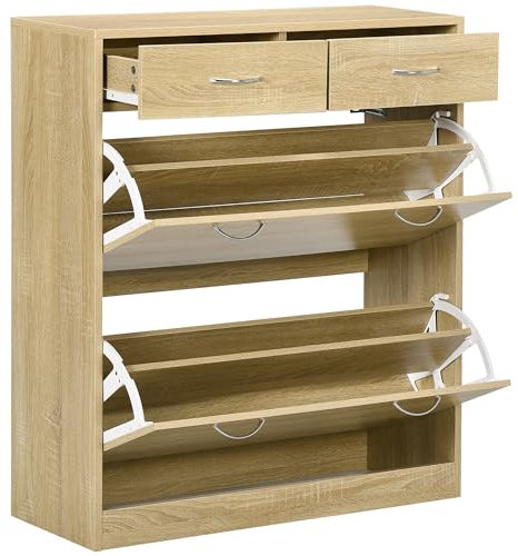 HOMCOM Armario de Zapatos Zapatero de Madera para 12 Pares de Zapatos con 2 Puertas Abatibles y 2 Cajones para Salón Pasillo 80x30x91,5 cm Roble