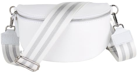 MIRROSI® Bauchtasche Damen, Echtleder, Made in Italy, Umhängetasche, Brusttasche, Crossbody Bag (1 Tasche & 2 Gurte) (Weiß (Glitzer Weiß), Mittelgroße Tasche (25x16x7cm))
