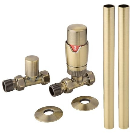 Milano Brushed Gold Straight Heated Towel Rail Radiator Thermostatic Lockshield Valve Pipe Connector