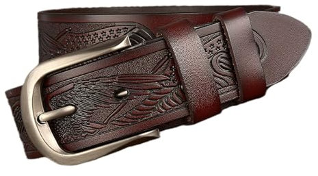 AKAFKKPYXSD Klassische Gürtel Aus Rindsleder Vintage Adler Graviert Dekoration Einstellbare Dornschließe Handgefertigt Mode Freizeit Western Gürtel(125cm/waist:43, Coffee)