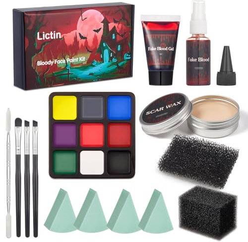 Licitn Maquillaje SFX,Pintura Facial y Corporal de Halloween ,Sangre Falsa Spray y Gel - Paleta de maquillaje facial de 9 colores con cera para cicatrices,maquillaje de payaso con calavera de vampiro