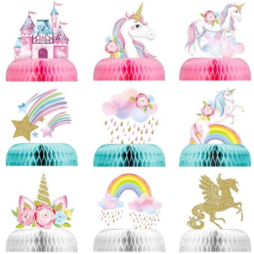 9 Stück Einhorn Bienenwabe Einhorn Party Deko 3D Waben Unicorn Regenbogen Honeycomb mittelstücke Papier Herzstück Tischaufsätze Dekoration für Mädchen Geburtstag Thema Party Tischdeko