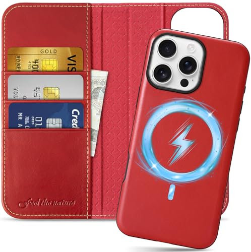 SHIELDON Hülle für iPhone 16 Pro Max, Echtleder Handyhülle [Abnehmbar] [kabelloses Laden] [RFID Blocker] [Kartenfach] [Magnet] 2 IN 1 Schutzhülle Kompatibel mit iPhone 16 Pro Max 6,9 - Retro Rot