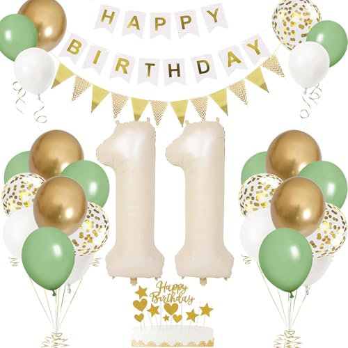 11. Geburtstag Deko Beige, Luftballon 11. Creme , Weiß Creme Folienballon 11 , Mädchen 11 jahre Luftballon deko Sandweiß , Zahl 11 Helium Luftballons Salbeigrün Weiß Ballons für Geburtstag Party Deko